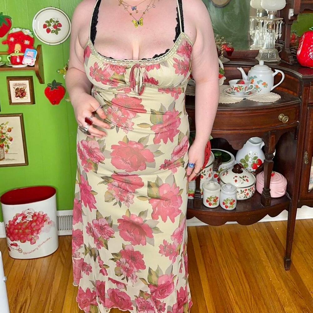 Vintage y2k justify boho fairycore milkmaid lace bust sheer mesh maxi dress!